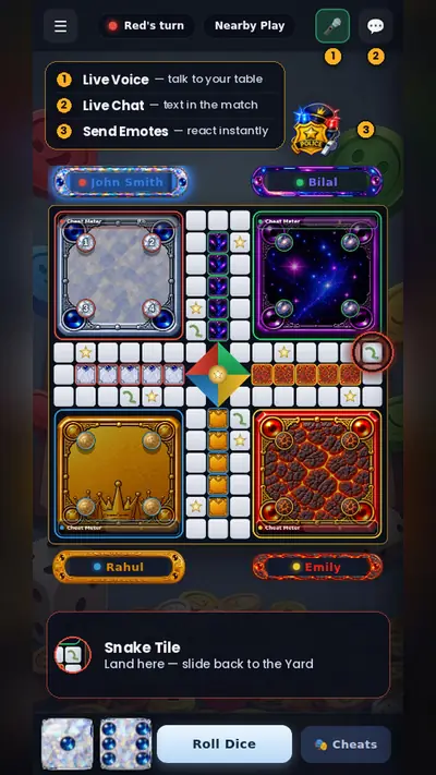 Game screen with live voice, chat and emotes